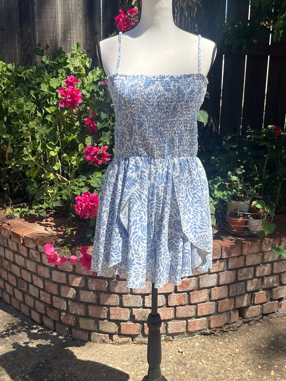 J.O.A. Blue and White Leaf-Print Smocked Skort dress